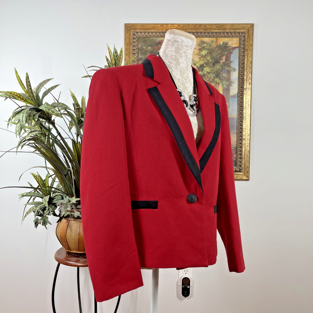 Vintage Joyce Sportswear Womens Blazer Size 12 Red Black Trim Wool USA Career - Picture 2 of 9
